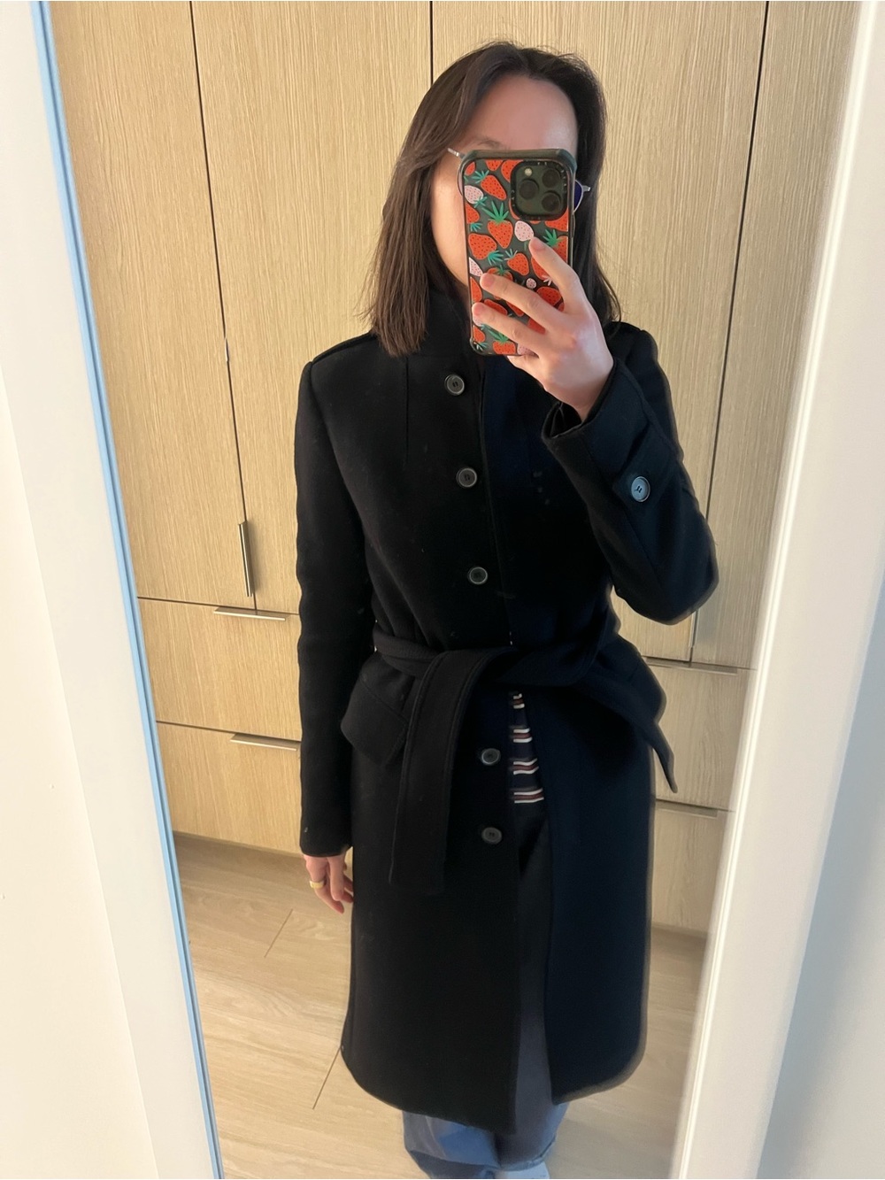 Zara Black Belted Funnel Neck Wool Coat